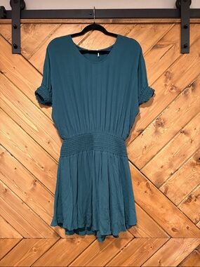 Anthropologie Azriel Corded Mini Dress Teal Short-Sleeve Smocked Waist Size 2